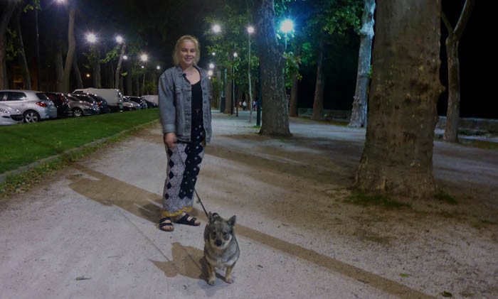 Sista promenaden för igår, gjorde min Agnes och jag på vallen. Vi är där man spelar boule, men du ser också de parkerade bilarna. I mörkret ser du husen på min gata.