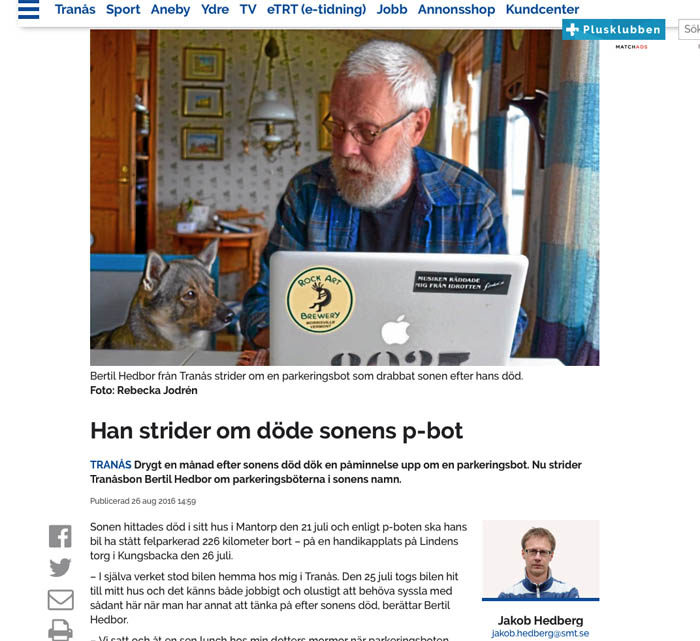 Felparkeringenscirkusen har uppmärksammats av Tranås Tidning. Även Expressen hade läst min blogg och var på gång, men då hade det redan löst sig. Kungsbacka kommun och polisen slapp hängas ut i rikspressen. För att ge extra tyngd ät reportaget i TrT, så är jag med på bilden. (Det blir snart en helsida om mig!)
