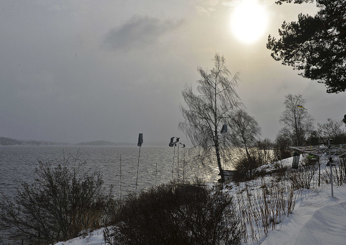 Snön kommer in från Östergötland, men inte tätare än att solen orkar lysa igenom. Men det blir nog annat snart, hoppas jag. Snö är kul och min husse får skotta igen.